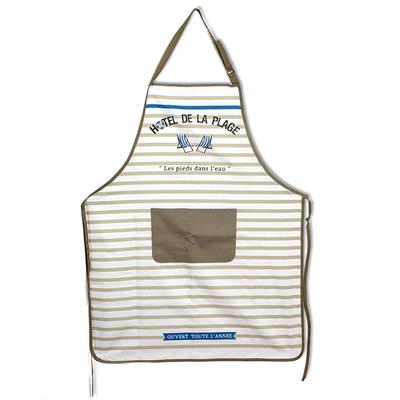 [A0248] - Cotton Kitchen Apron "Cabourg - Hotel De La Plage" Taupe Blue White - 90x70 Cm