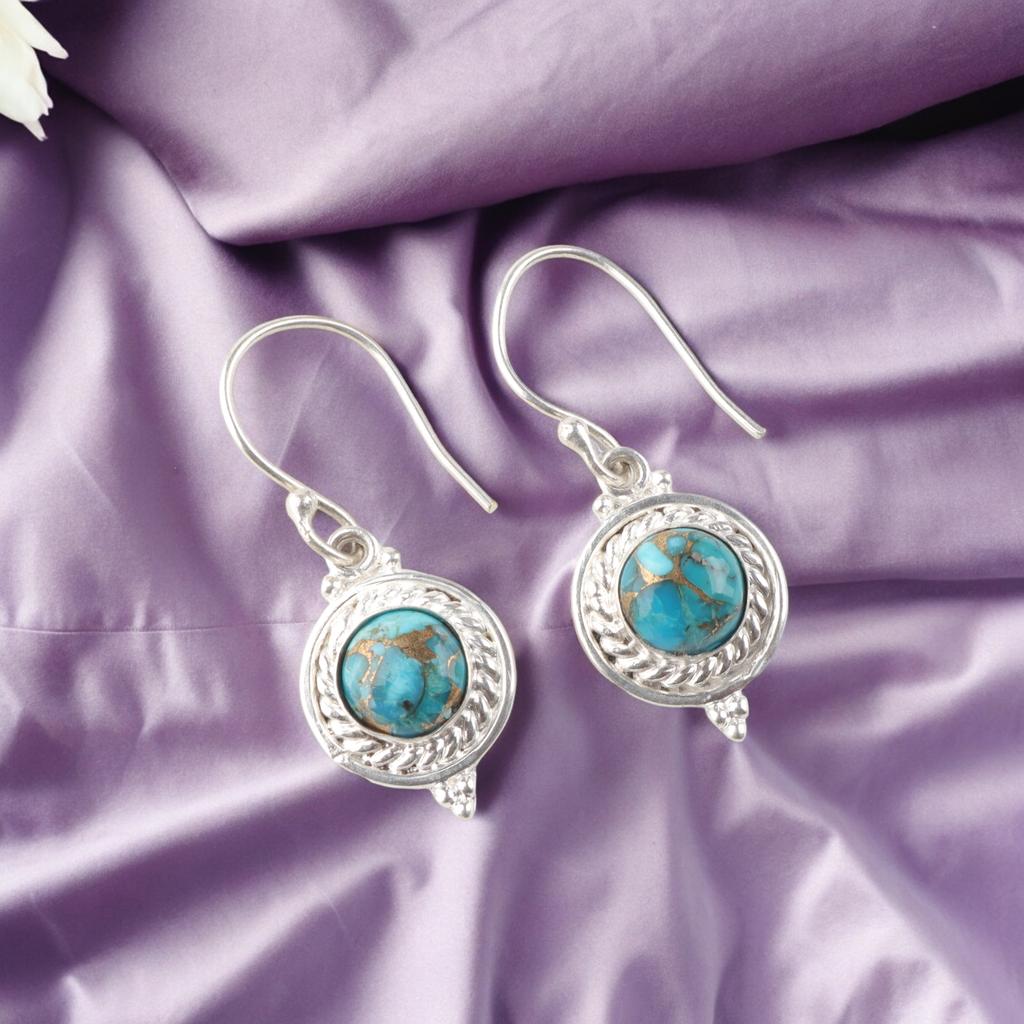 Rare Blue Copper Turquoise Gemstone 925 Sterling Silver Jewelry Earrings 1.43" EE-117-42