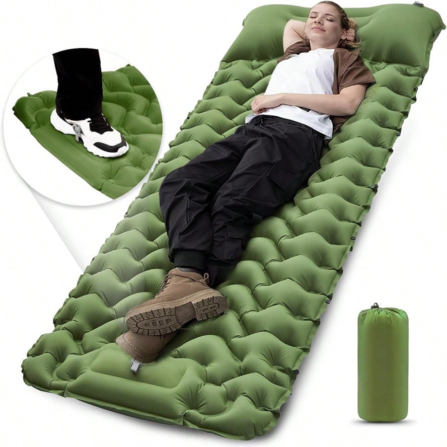 

Camping Sleeping Pad, Ultralight Camping Mat With Pillow Built-In Foot Pump Inflatable Sleeping Pads Compact For Camping Backpac зелёный