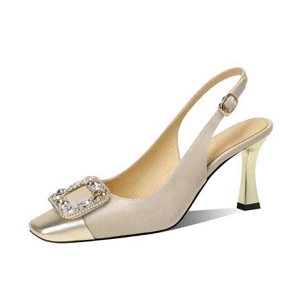 Rhinestone Square Buckle High Heels Back Trip Strap Slim Heel Single Shoes Summer Elegant Back Empty Wrapped Head Sandals Women