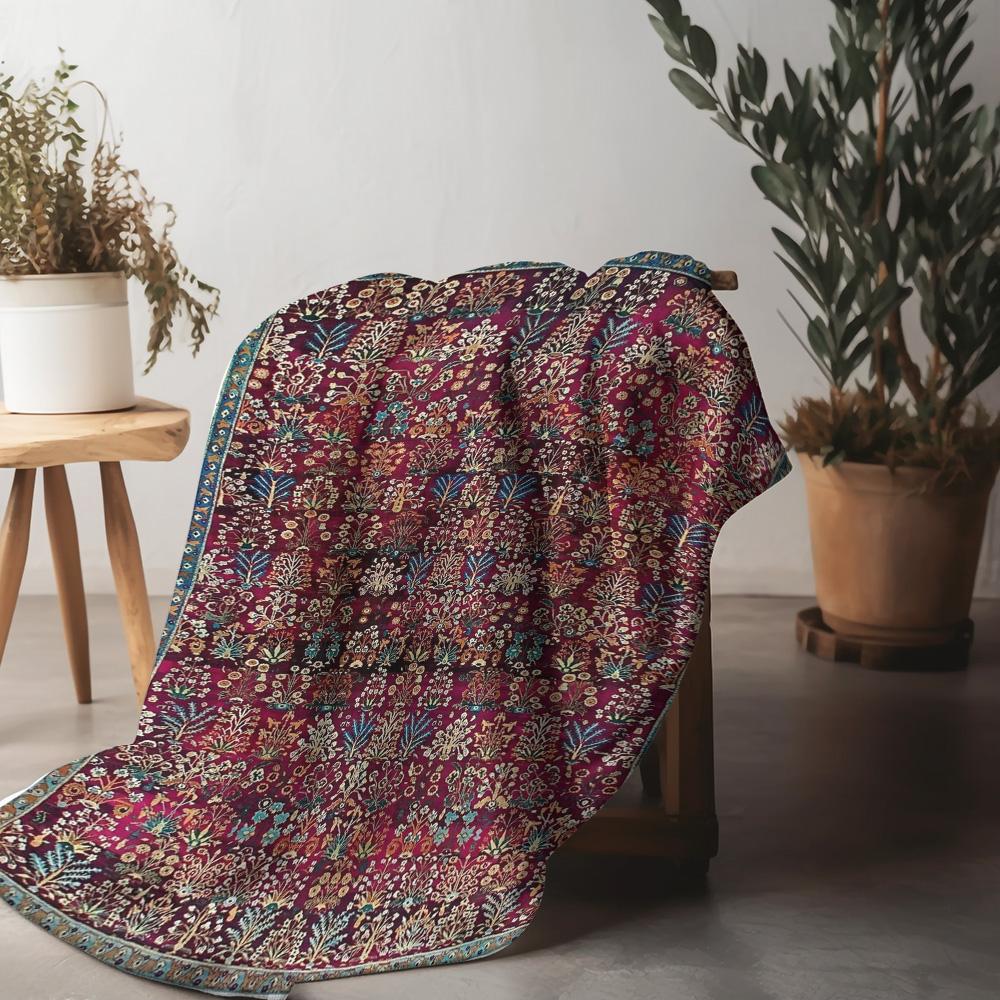 Luxurious Red Floral Embroidered Velvet Throw Blanket Turkish Kilim Style Cozy Sofa Bed Living Room Decor Gift