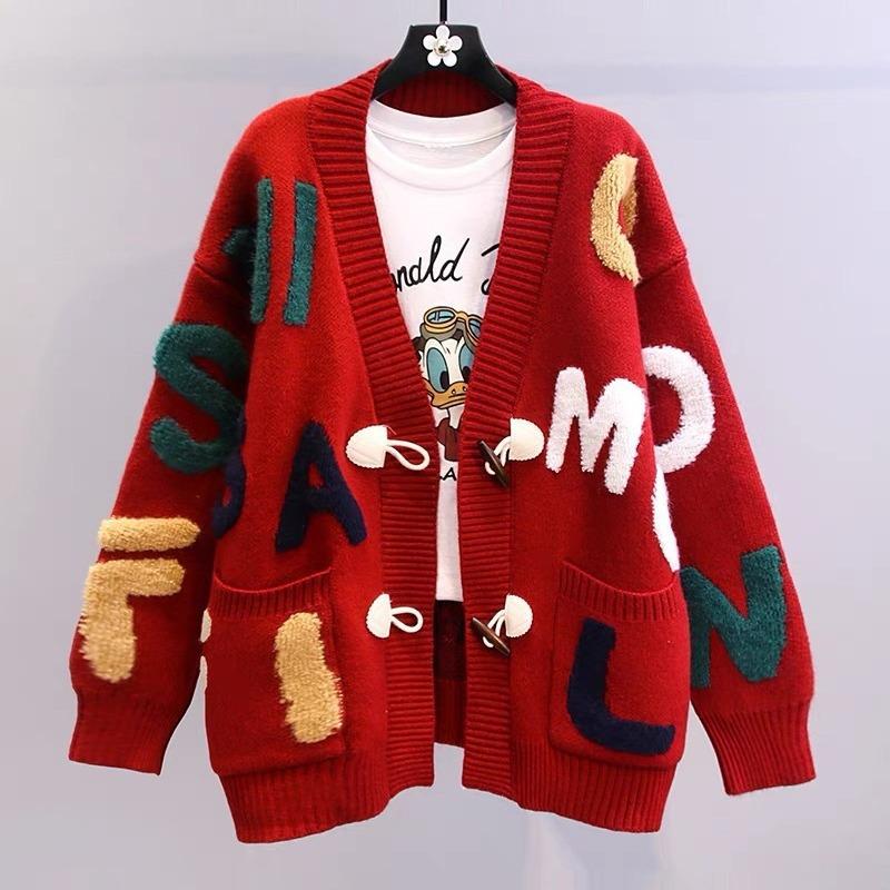 Autumn and Winter Loose Lazy Style Foreign Style Knitted Cardigan Contrasting Color Casual Towel Embroidered Letter Horn Button Sweater Jacket Women