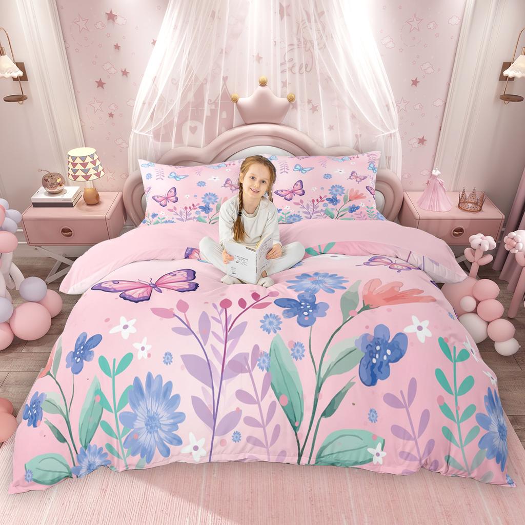 Homewish Chic Butterfly Duvet Cover Set For Girls Spring Garden Flower Quilt Cover Set Wild Animal Floral Bedding Set