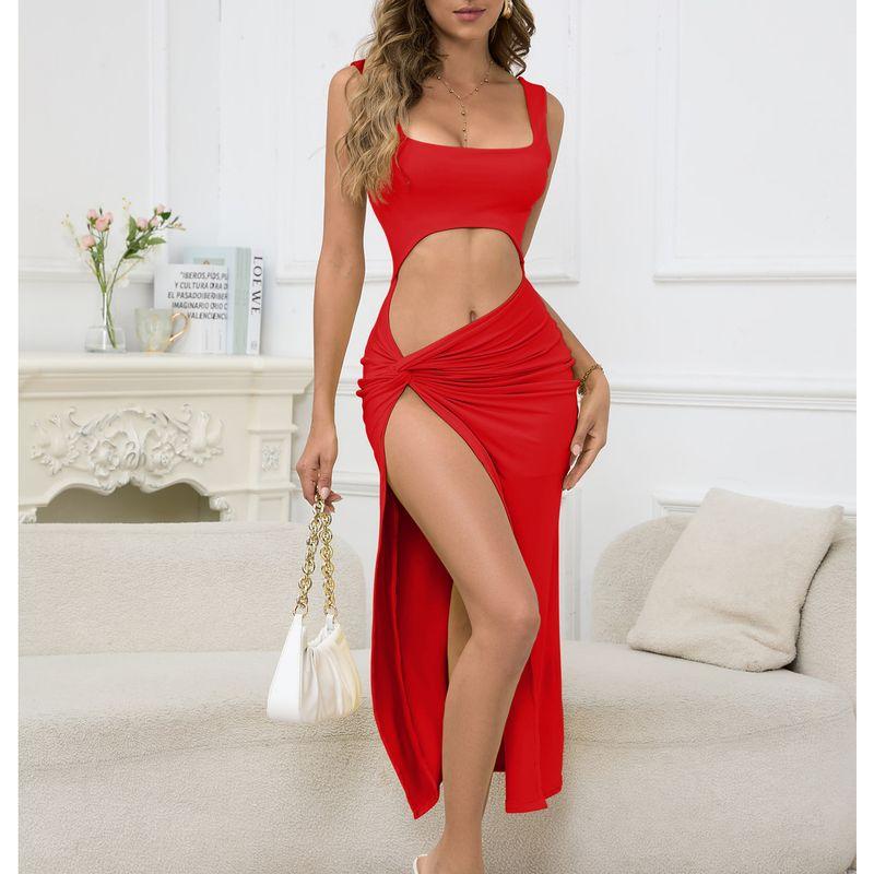 

Fashion Style Stretch Tight Braces Long Skirt 2024 New Arrival Pure Color Cut Out Crop Top Sheath Sexy Split Dress Red L