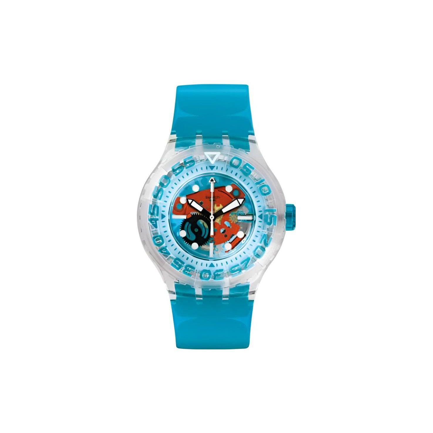 Swatch Quartz Movement Watch 44Mm Blue Dial Plastic Case Silicone Strap Unisex watches SUUK103 Blue