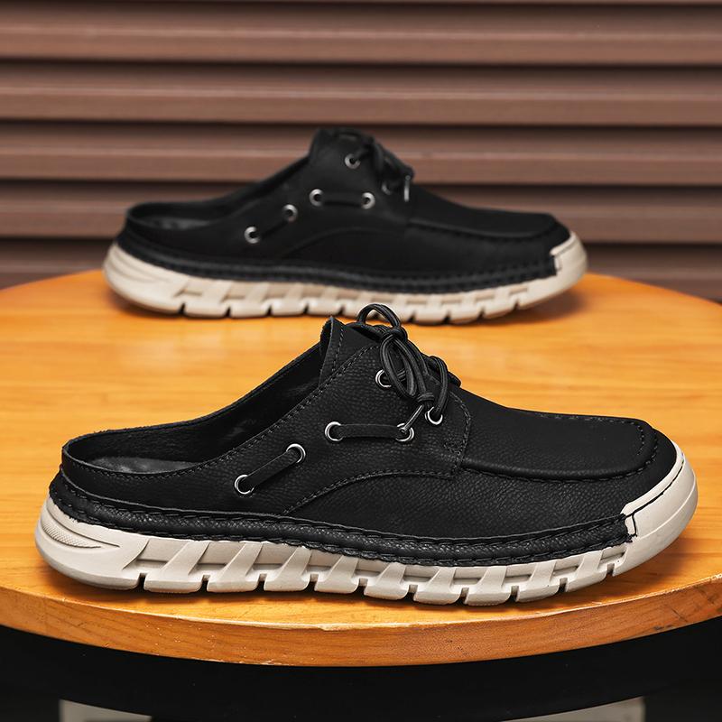 Men's Summer New Large Size Slip-On Driving Shoes Outdoor Genuine Leather Breathable Rubber Sole Square Toe Bean Bean Shoes