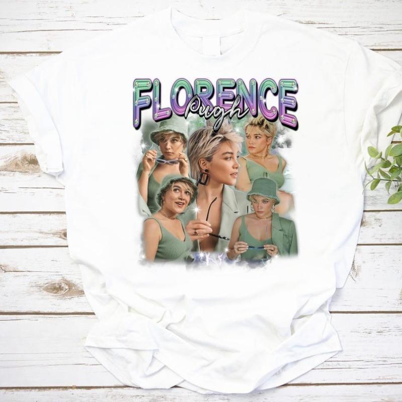 Florence Pugh Retro Bootleg T-Shirt Vintage 90er Jahre Stil Collage Tee Promi Fan Merch A24 Filmstar Shirt Popkultur Geschenk Oberteile