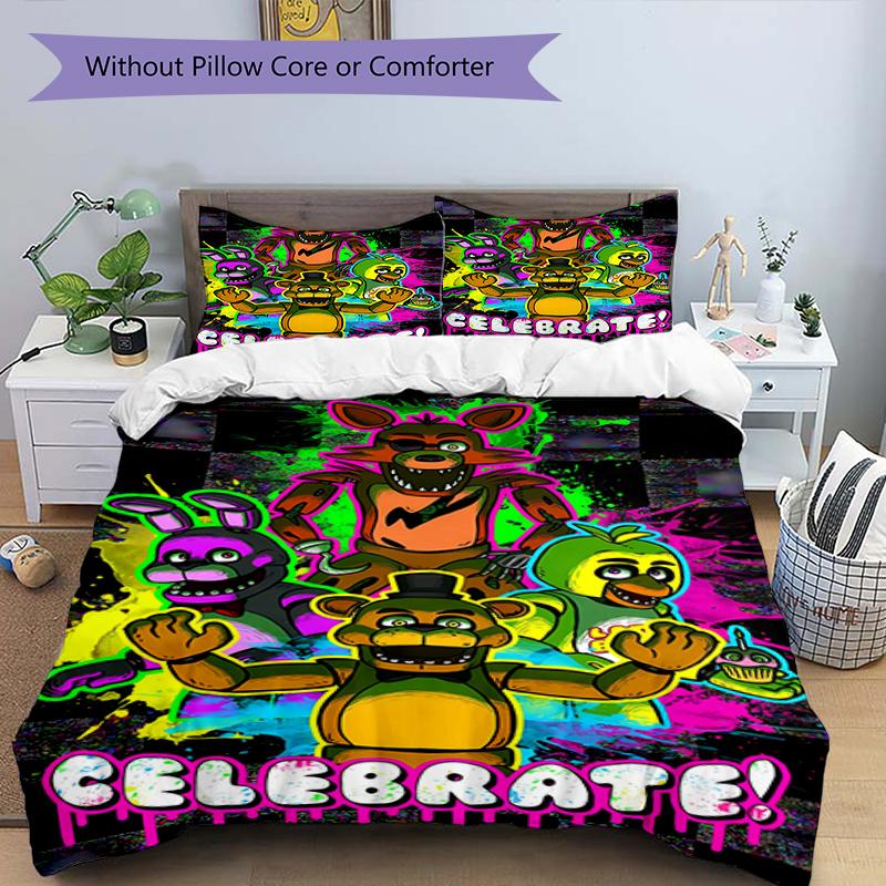3pcs Freddy Bear2 Design Cover Set - HD Printed Bedding with 1 Cover and 2 Pillowcases - Perfect for Home and Dorm Decor