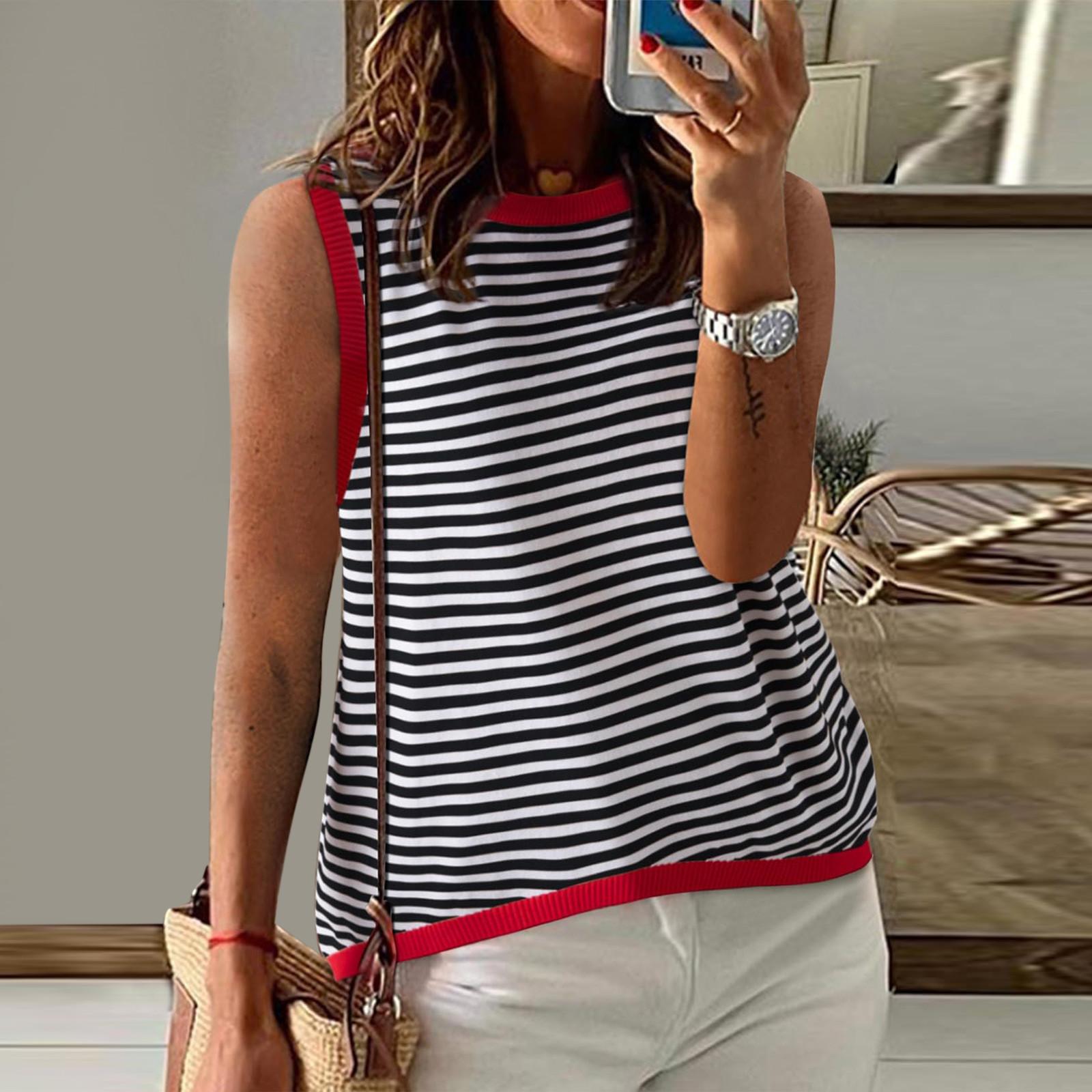 

Женские летние топы, повседневная полосатая водолазка с цветными блоками, жилет, свободная рубашка без рукавов с высоким и низким вырезом, блузка L чёрный
