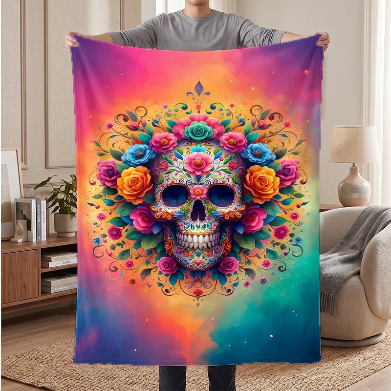 Flowers Skull Soft Warm Flannel Blankets Comfortable Blanket for Home Decoration Gifting