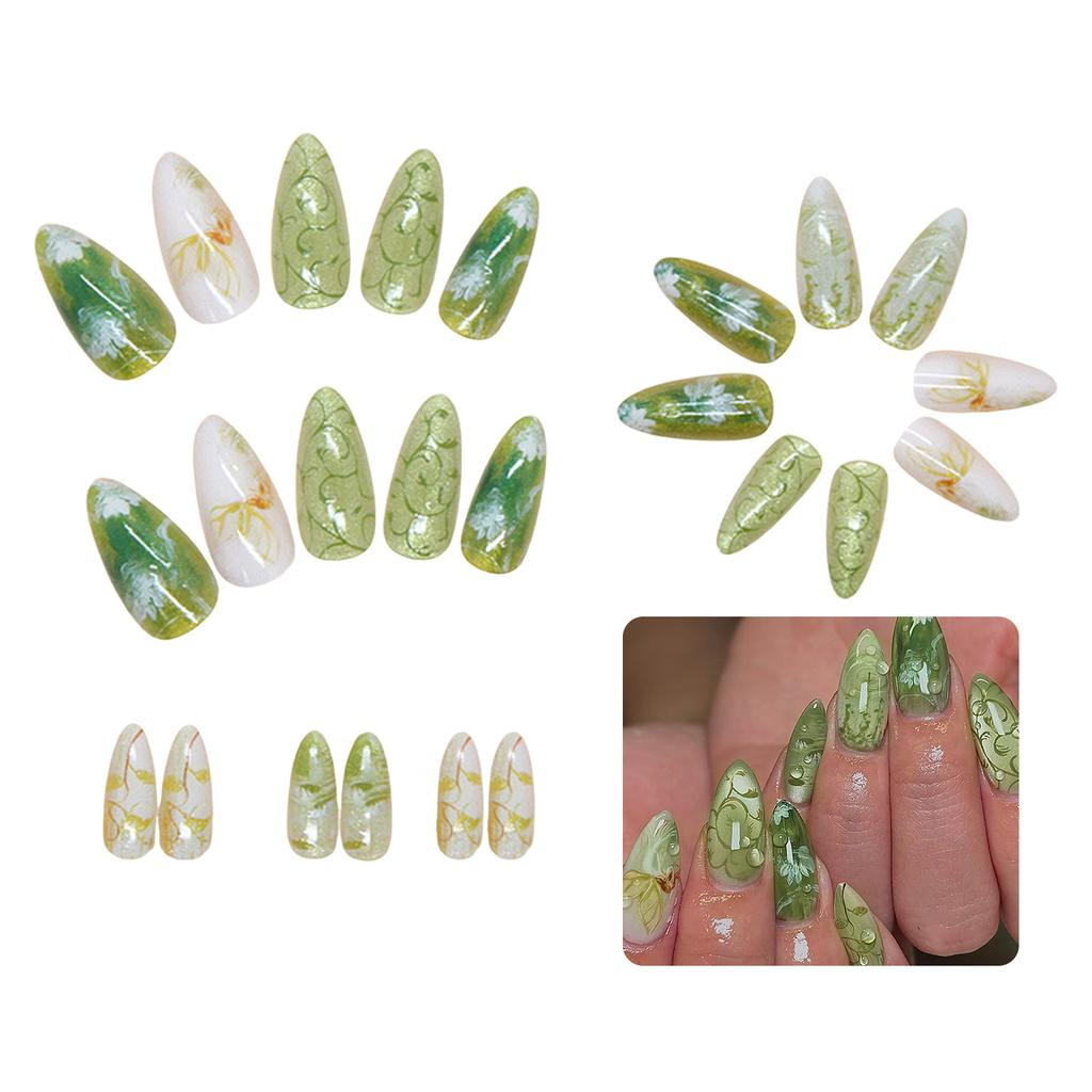 24pcs Amber Rose False Nails Press On Nails With Oil Paint Flower Designs Long Almond Elegant Sizzy Autumn Fake Nails Wearable