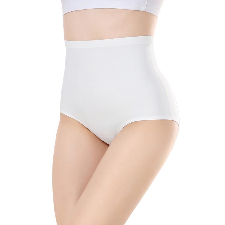 Breathable Women's High Waist Seamless Cotton Crotch Panties - Thin Ice Silk, White, Abdomen Control.