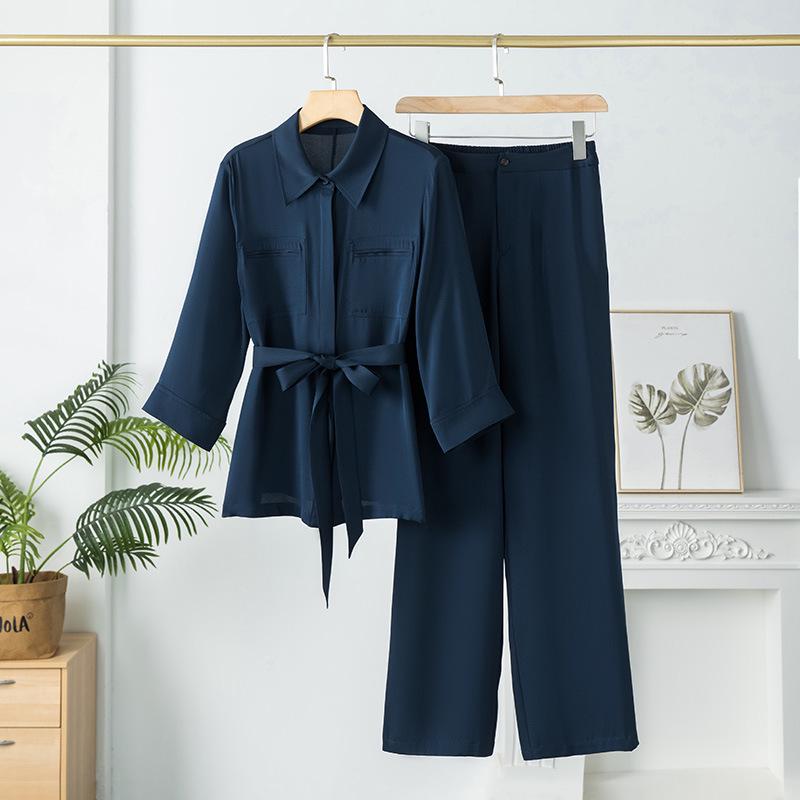 

Женский комплект из рубашки и брюк из тутового шелка 2024 года: Весенний повседневный топ с рукавом три четверти и длинные брюки Medium темно-синий