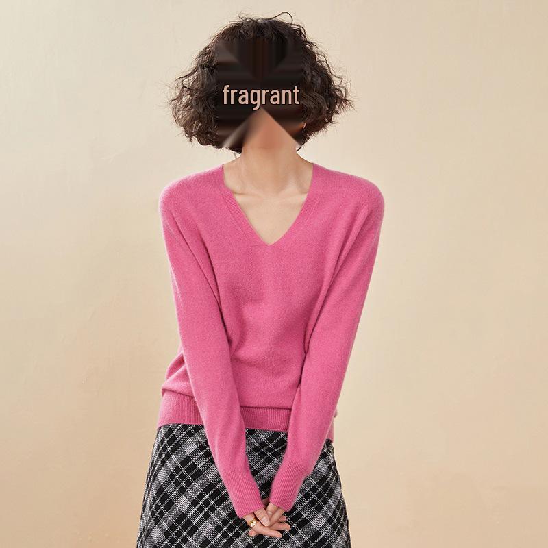 Women's Candy Color V-Neck Cashmere Sweater - Fashionable Knit Base Layer for Autumn/Winter 2025.