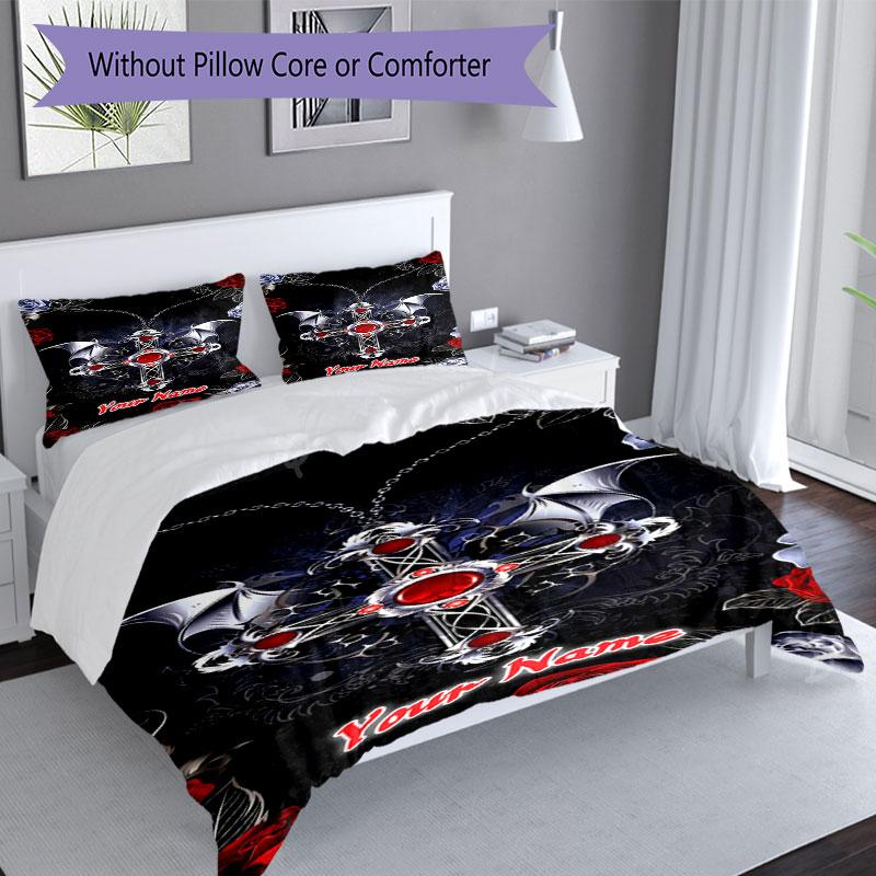 3PC Custom Name Gothic Cross Wings Bedding Set Duvet Cover Closure Includes 1 Duvet Cover & 2 Pillowcases for Bedroom