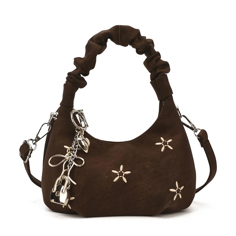 

Sweet Embroidered Pleated Cloud-shaped Handbag, Fashionable Girl s Commuter Single-shoulder Crossbody Bag With pendant кавовий