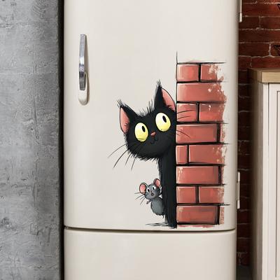 Kreativer roter Ziegel Kleine schwarze Katze späht Kühlschrank Zuhause Hintergrund Dekoration Wandaufkleber