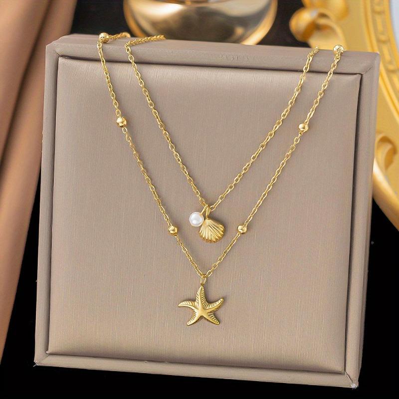 Vintag Exquisite Minimalist Starfish Shell Pendant Necklace for Women Fashion Versatile Summer Beach Party Zircon Gift