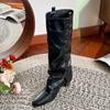 Fashion Fashion Pointed Toe Mid Heels Women's Long Boots 2025 Designer Elegant Winter Shoes Dress Pumps New Leather Knee Botas De Mujer