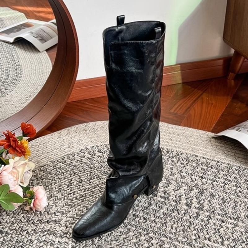 Fashion Fashion Pointed Toe Mid Heels Women's Long Boots 2025 Designer Elegant Winter Shoes Dress Pumps New Leather Knee Botas De Mujer