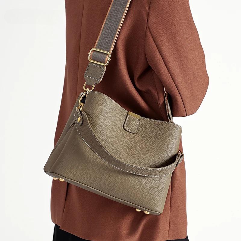 Genuine Leather Shoulder Bucket Bag Women Basket Tote Soft Handbag Genuine Leather Women Fashi Commuter One-shoulder Handbag