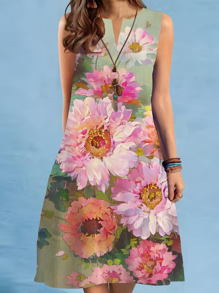 Summer Beach Floral Print Dress For Women Casual Sexy Sleeveless V-neck Loose Mini Dress Elegant Woman Short Dress Vestidos