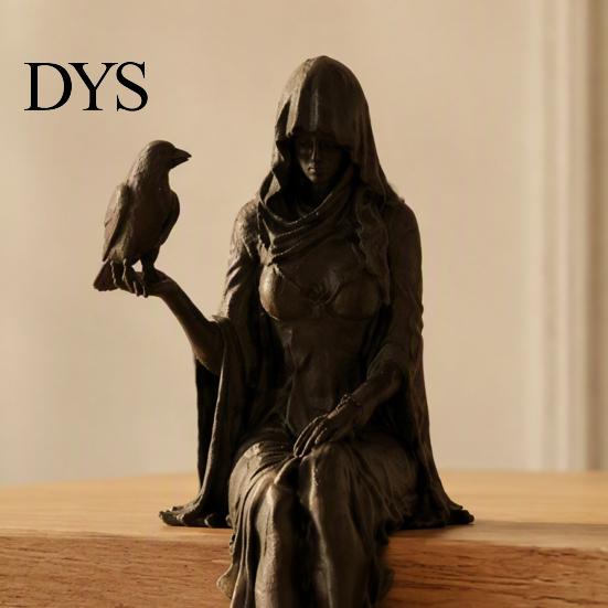 Tabletop Shelf Decoration Gothic Raven Sitter Statue, Hooded Lady Reaper Figurine, 3D Printed Dark Creative Bookshelf Statue Edge Sitter, Witchy Room