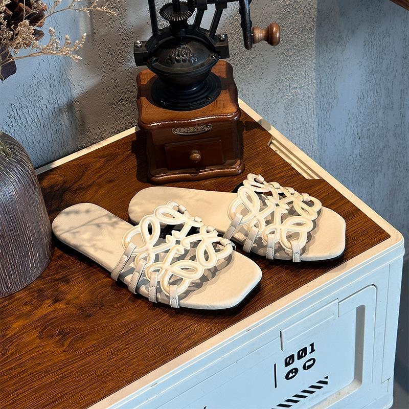 

The first layer of sheepskin flat-bottomed slippers, the new summer hollowed-out outer wear casual semi-drag versatile open-toed sandals women s shoes 40 бежевий