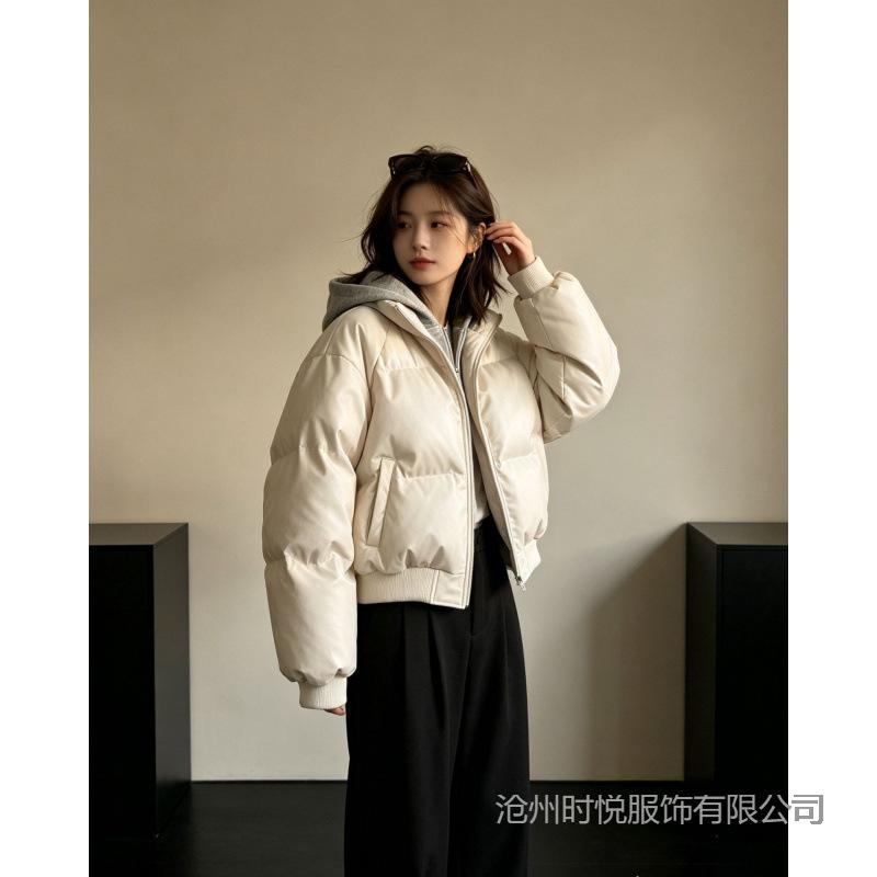 PU leather fake two-piece hooded jacket padded jacket women's winter warm padded jacket American short silhouette padded jacket