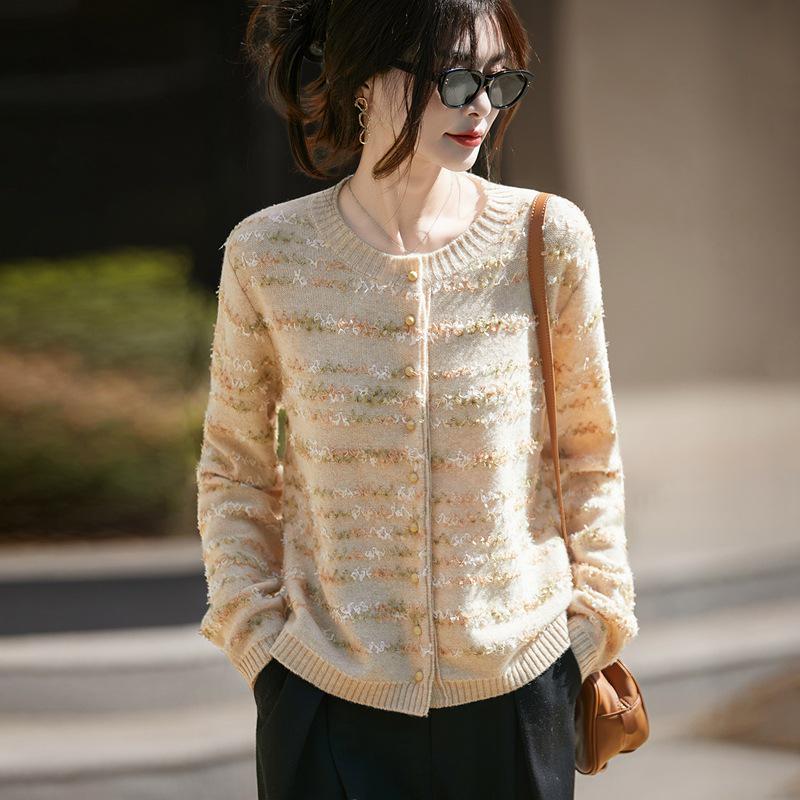 Dámský luxusní pletený vlněný kardigan - Volný střih, kulatý výstřih, svetr s dlouhým rukávem pro podzim/zimu