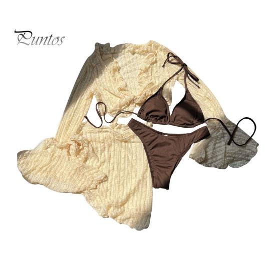 

4 шт./комплект женский сексуальный купальник бюстгальтер на шее с трусиками на шнуровке комплект с оборками пляжный стиль длинный рукав накидка топ юбка комплект S бежевый