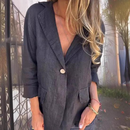 Coat Lapel Long Sleeve Flap Pockets Suit Jacket Solid Color One Button Loose Work