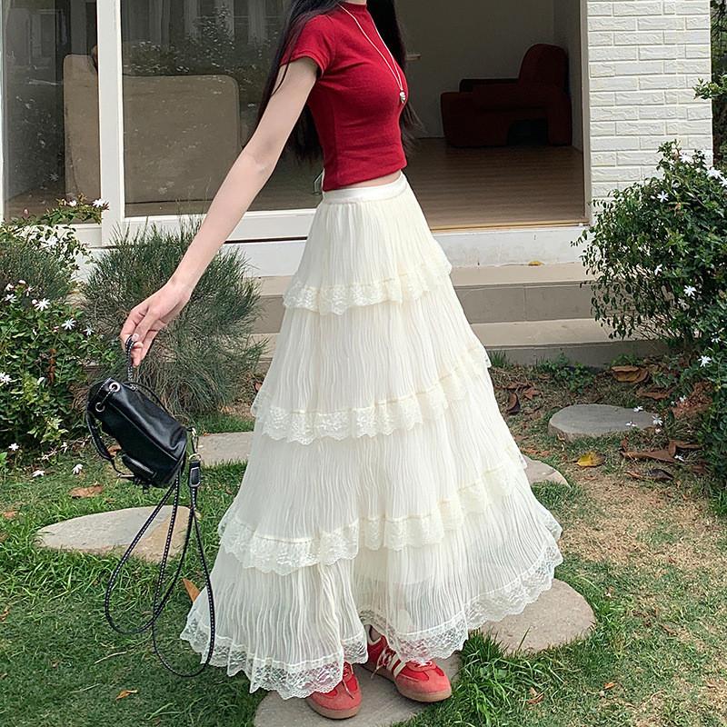 Qooth Lace Patchwork Pleated Fairy Tiered A-Line Maxi Skirt High-Waist Slimming Layered Cake Long Skirt for Women QT2866
