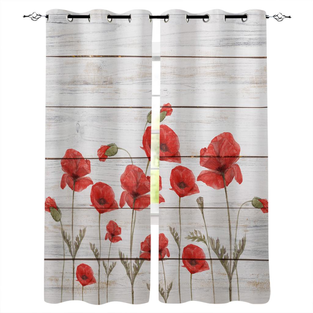 Red Flower Ink Painting Curtains 2 Panels With Valance Hook Floral Living Room Kids Kitchen Indoor Decor