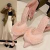  Spring Faux Fur Mules Slippers Women Pointed Toe Slip-On Thin Heels Sandals Woman Short Plush Lined Closed Toe Slides Shoes
