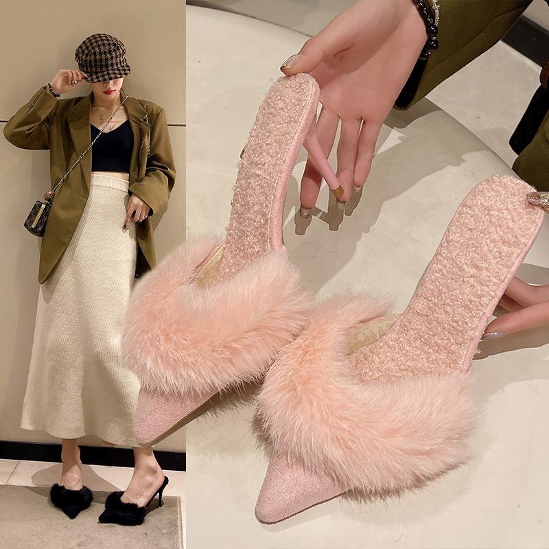 Spring Faux Fur Mules Slippers Women Pointed Toe Slip-On Thin Heels Sandals Woman Short Plush Lined Closed Toe Slides Shoes