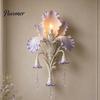 Modern Iris Petal Lamp Bloom Wall Sconce, Vintage Floral Light with Faux Crystal Sconce Drops, Romantic Purple Ambient for Bedroom Living Room