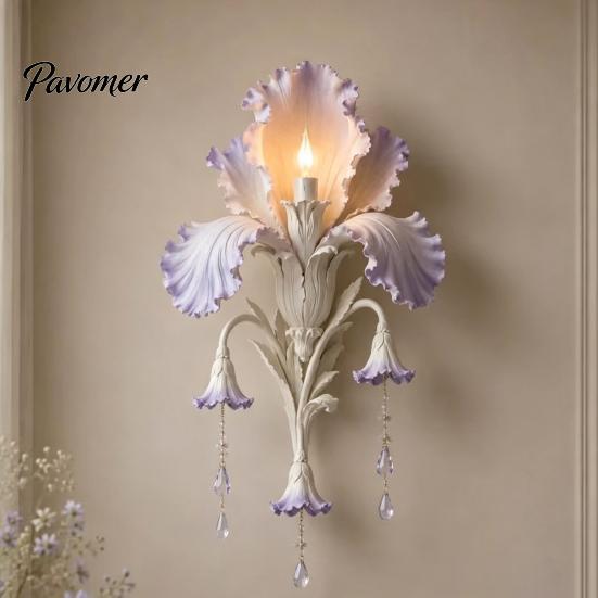 Modern Iris Petal Lamp Bloom Wall Sconce, Vintage Floral Light with Faux Crystal Sconce Drops, Romantic Purple Ambient for Bedroom Living Room