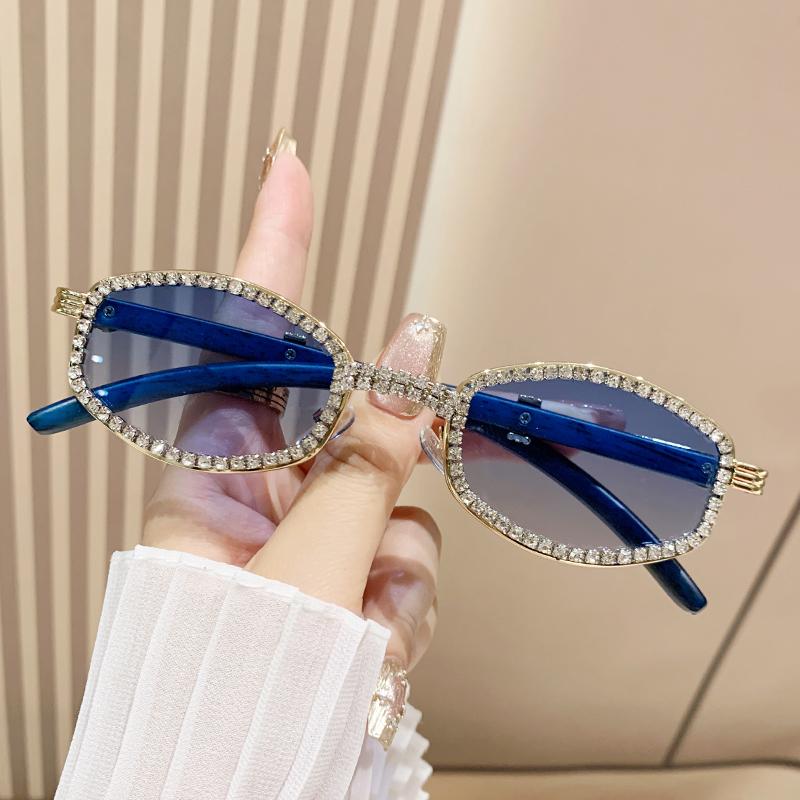 New Style Oval Sunglasses For Women With Diamonds, Fashionable Retro Imitation Wood Grain Sunglasses, High-end Sun Protection Gl