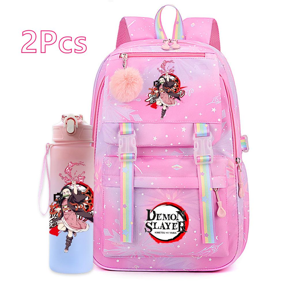 2Pcs/set Anime Cartoon Demon Slayer Printed Backpack with 750Ml Water Bottler for Teenager Bookbag Large Capacity Waterproof Travel Bag Gift