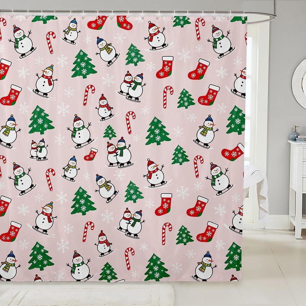 Christmas Puppy Shower Curtains Festive Pet Bathroom Curtain Kids Women Men Cute Dog Bathroom Accessories Xmas Tree Snowflake