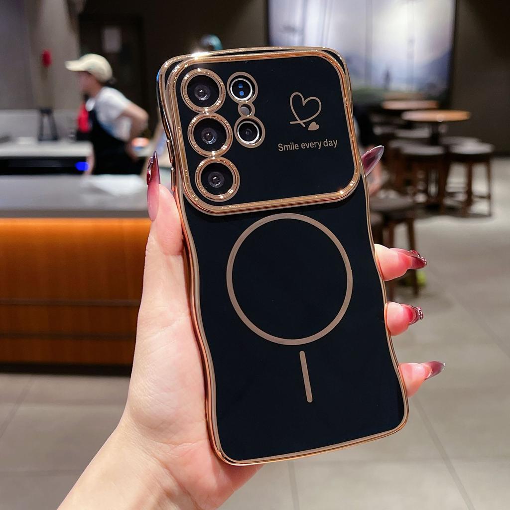 Applicable to Samsung S25ULTRA wave electroplating mobile phone case S24 magnetic suction fine ring A16 double love anti-drop protective case