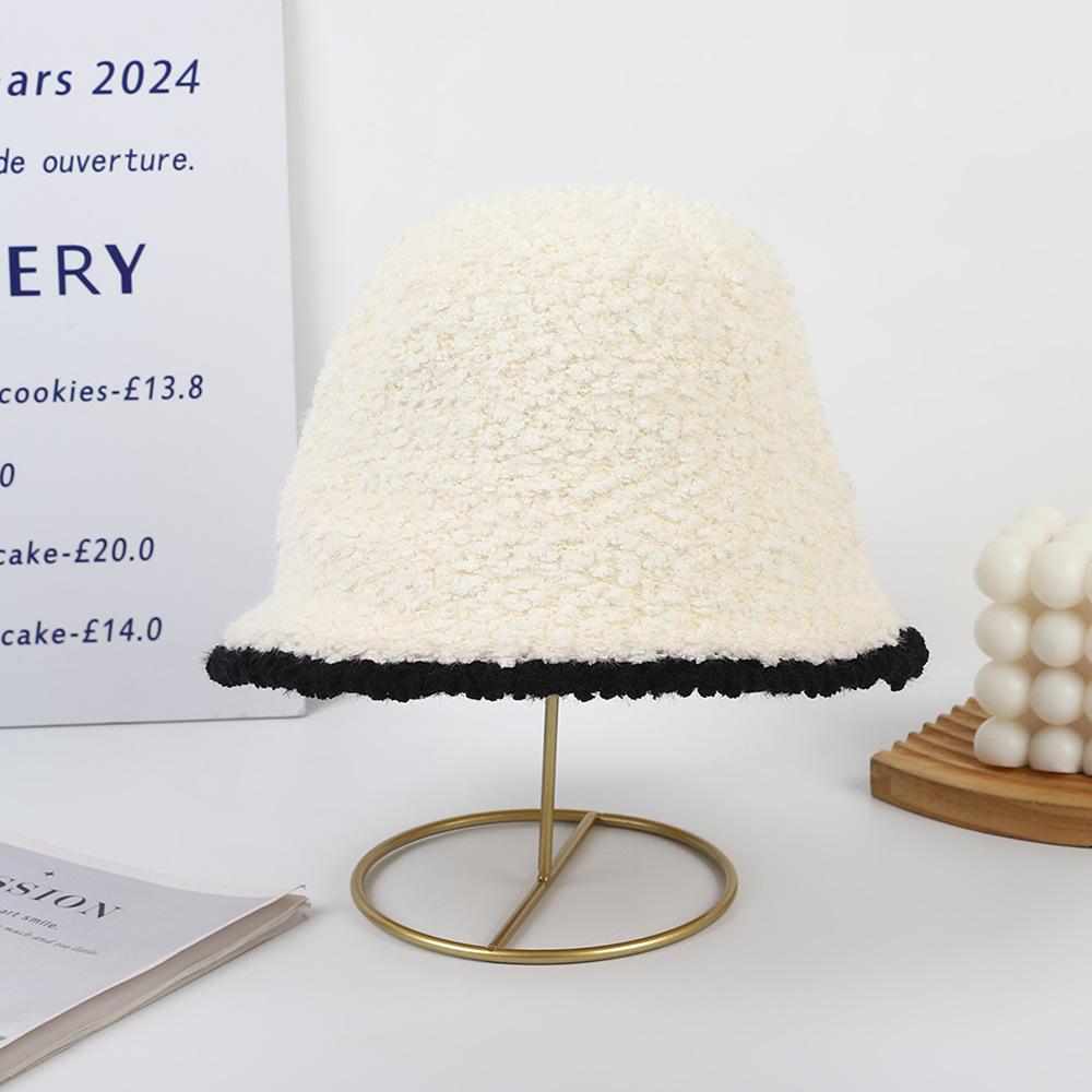 Bucket hat women's velvet thickened fashionable versatile knitted basin hat big head circumference showing small face ear protection warm hat