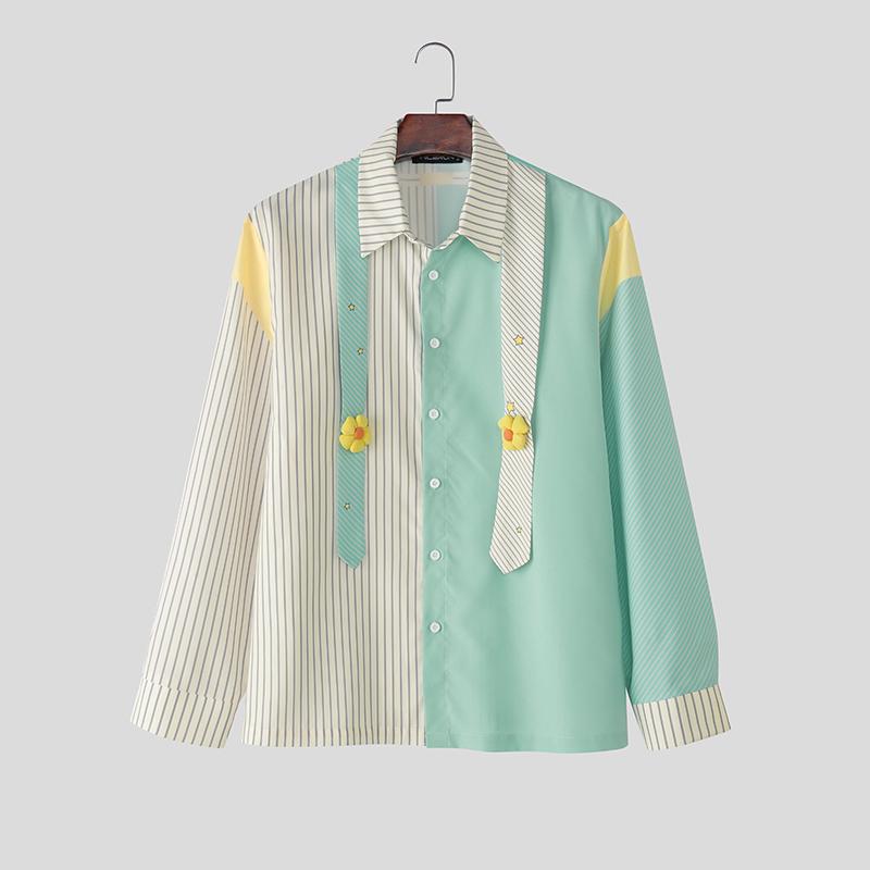 INCERUN Oversized Men Lapel Neck Long Sleeve Striped 3D Flowers Casual Loose Shirts