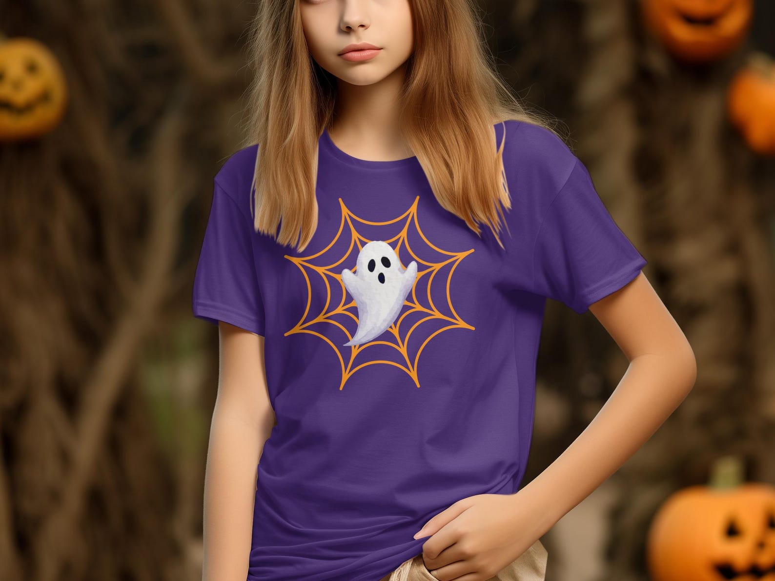 Ghost Spiderweb Halloween T-Shirt, Spooky Season Apparel, Friendly Fall Boo Shirt S