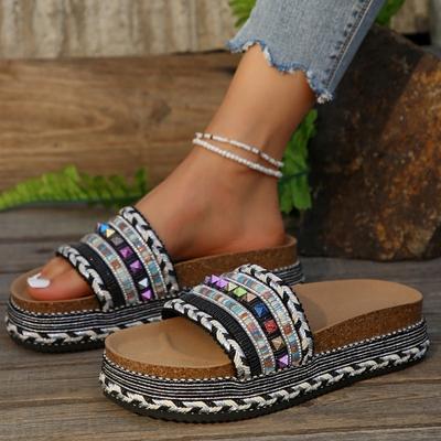 Bohemian Colorblock geflochtene Plateau-Schiebesandalen für Damen
