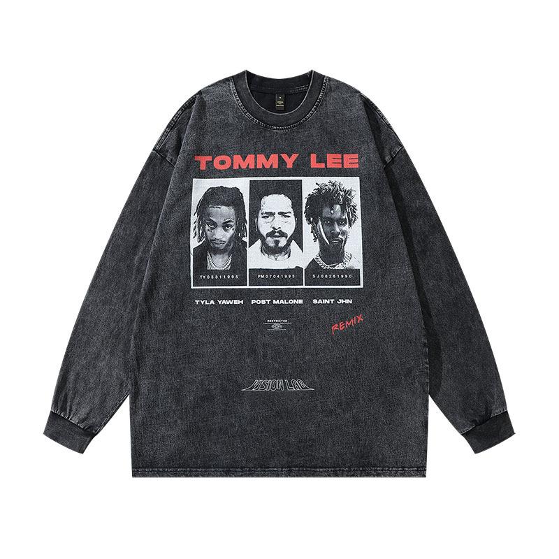 Autumn New American Vintage Hip-Hop Trendy Brand Cartoon Printing Casual Loose Couple Long-Sleeved T-Shirt Men And Women