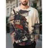 Samurai Katze T-Shirt für Herren Lustiges Tier 3D Grafik Herren Langarm T-Shirt O-Ausschnitt Herrenbekleidung Japanischer Anime Stil Y2k Oberteile