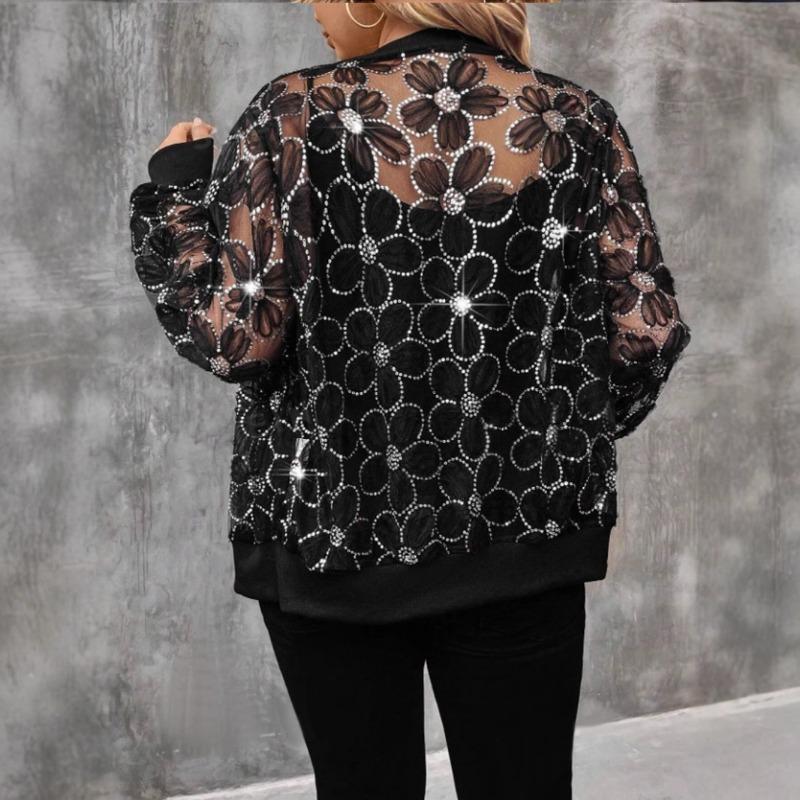 Women Sequined Mesh Patchwork Zipper Stand Collar Long Sleeve Sunscreen Jacket