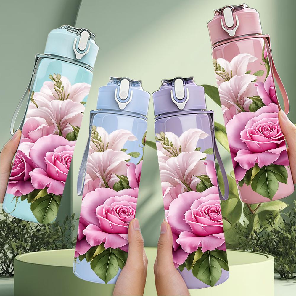 1PC Multi Shade Pink Rose Bouquet 750ml Color Plastic Water Bottle Leakproof Flip Straw Lid For Sports Office Home Use